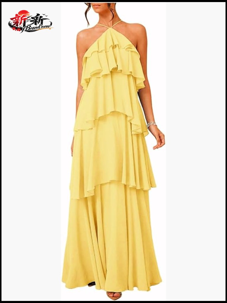 Ruffle Halter Backless Maxi Dress Sleeveless Flowy Wedding Guest